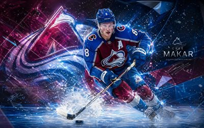 cale makar, 4k, fond numérique bleu violet, avalanche du colorado, lnh, hockey, cale makar 4k, logo de l'avalanche du colorado, fan art, avalanche du colorado cale makar