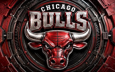 Chicago Bulls metal logo, 4k, red black metal background, NBA, basketball, Chicago Bulls logo, Chicago Bulls 3D logo, american basketball team, Chicago Bulls