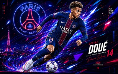 4k, Desire Doue, PSG, vector art, blue abstract vector background, Desire Doue PSG, creative art, PSG logo, Desire Doue Paris Saint-Germain, football, Paris Saint-Germain