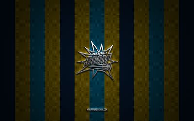 Noblesville Boom logo, American basketball club, NBA G League, yellow blue carbon background, Noblesville Boom emblem, basketball, Noblesville Boom, USA