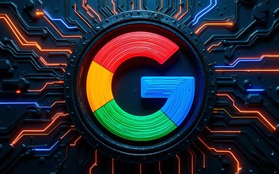 logotipo 3d de google, 4k, fondo oscuro de alta tecnología, luces de neón de colores, conductores, microcircuito, marcas de empresas de internet, logotipo abstracto de google, marcas, logotipo colorido de google, obra de arte, logotipo de google, google