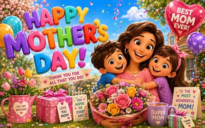 Happy Mothers Day, 4k, cartoon art, Mother and children, Happy Mothers Day concepts, colorful 3D letters, Happy Mothers Day inscription