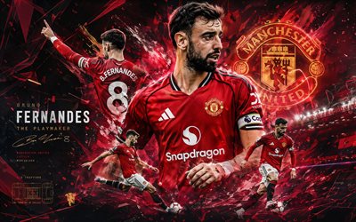 bruno fernandes, manchester united fc, fan art, fond numérique abstrait rouge, bruno fernandes manchester united fc, art créatif, logo du manchester united fc, bruno fernandes manchester united, football, manchester united