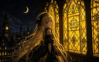 mayu, 4k, vidrieras, vocaloide, noche, obra de arte, vocaloid3, personajes vocaloides, manga, mayu vocaloid