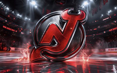 4k, New Jersey Devils metal logo, spotlights, ice arena, NHL, creative, hockey, New Jersey Devils logo, hockey stadium, New Jersey Devils 3D logo, american hockey team, New Jersey Devils