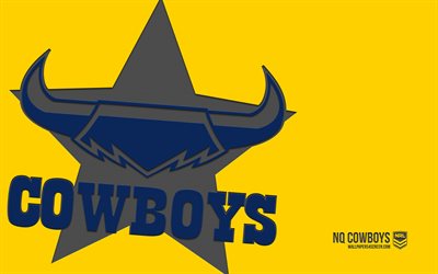 North Queensland Cowboys logo, 4k, yellow background, carbon art, NRL, North Queensland Cowboys emblem, Australian rugby team, Australia, North Queensland Cowboys, rugby