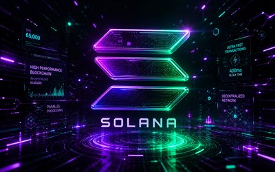 Solana 3D logo, 4k, purple futuristic background, cryptocurrencies, Solana neon logo, brands, Solana cryptocurrency, blockchain, Solana logo, Solana