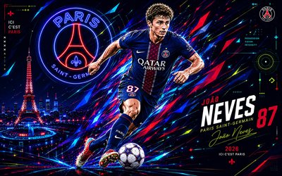 4k, Joao Neves, PSG, vector art, blue abstract vector background, Joao Neves PSG, creative art, PSG logo, Joao Neves Paris Saint-Germain, football, Paris Saint-Germain