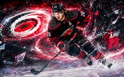 sebastián aho, 4k, fondo digital negro rojo, huracanes de carolina, nhl, hockey, sebastián aho 4k, logotipo de los huracanes de carolina, fan art, sebastián aho carolina huracanes