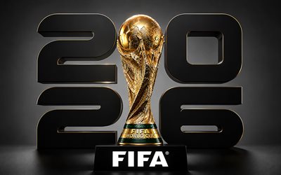 copa do mundo fifa de 2026, 4k, dígitos 3d pretos, troféu da copa do mundo fifa, minimalismo, fundo cinza, futebol, arte da copa do mundo fifa, copa do mundo fifa 2026, criativo, troféu de ouro, copa do mundo fifa
