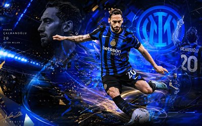 Hakan Сalhanoglu, Inter Milan, fan art, blue black abstract digital background, Hakan Сalhanoglu Inter Milan, creative art, Inter Milan logo, Hakan Сalhanoglu Internazionale, football, FC Internazionale