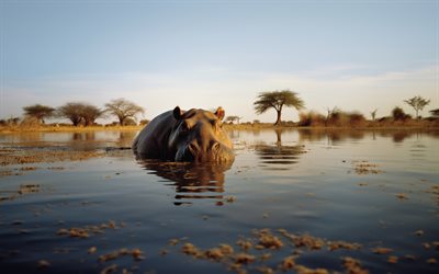 فرس النهر, 4k, فرس النهر في البحيرة, أفريقيا, مساء, غروب, الحياة البرية, الحيوانات البرية, السافانا, أفراس النهر