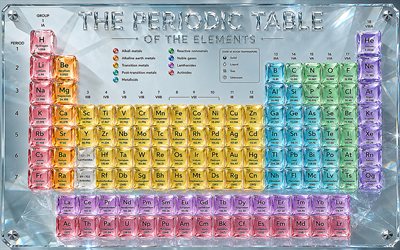 Periodic table, 4k, crystal art, periodic table of the elements, chemical elements, chemistry concepts, science, Dmitri Mendeleev, glass elements, Periodic table concepts