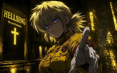 4k, victoria seras, calle, noche, infierno, letreros de neón amarillos, ojos azules, manga, serasu vikutoria, manga hellsing, victoria seras arte, personajes de victoria seras, personaje de alucard, alucard hellsing