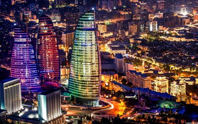 Bakü, ışıklar, gökdelenler, gece, Azerbaycan, metropolis