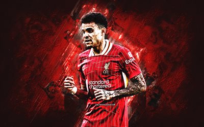 Luis Diaz, Liverpool FC, rgrunge art, ed stone background, Liverpool, Premier League, England, football, Colombian footballer, Luis Diaz Liverpool