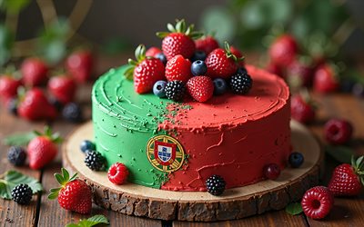 Portugal flag painted on cake, 4k, Portugal flag, baking, Portugal, cake with berries, Portuguese flag, flag of Portugal