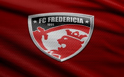 fc fredericia 패브릭 로고, 4k, 빨간색 직물 배경, 덴마크 제 1 부, 보케, 축구, fc fredericia 로고, fc fredericia emblem, fc fredericia, 덴마크 축구 클럽, fredericia fc