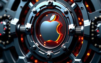 アップルメタルロゴ, 4k, メタルギア, 3dメカニズム, apple emblem, apple 3dロゴ, りんご, メカニックアート, アップルアート, アップルロゴ