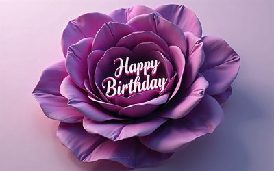 buon compleanno, 4k, rosebud viola, happy birthday 3d incrition, rosa viola 3d, buon compleanno auguri, rose 3d, concetti di buon compleanno, background di buon compleanno