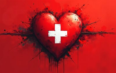 4k, I Love Switzerland, grunge art, red abstract background, creative, Day of Switzerland, flag of Switzerland, 3D art, heart with Swiss flag, 3D hearts, Swiss flag, Switzerland, Love for Switzerland