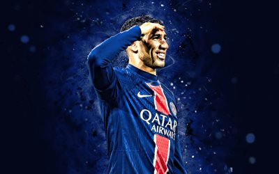 achraf hakimi, 4k, néons bleus, paris saint germain, ligue 1, footballeurs marocains, achraf hakimi 4k, football, psg, achraf hakimi psg