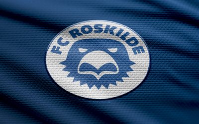 FC Roskilde fabric logo, 4k, blue fabric background, Danish 1st Division, bokeh, soccer, FC Roskilde logo, football, FC Roskilde emblem, FC Roskilde, Danish football club, Roskilde FC
