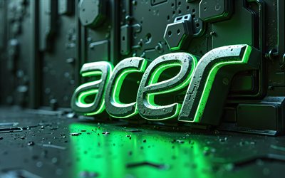 4k, acer metal  logo, bokeh, metallitausta, vihreät neonvalot, acer 3d  logo, taideteos, acer  logo, elektroniikkabrändit, acer