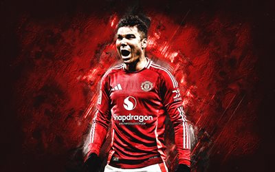 casemiro, manchester united fc, calciatore brasiliano, casemiro mu, grunge art, calcio, sfondo di pietra rossa, man united, premier league, inghilterra, carlos henrique casimiro, casemiro manchester united