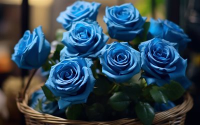 4k, basket of roses, bokeh, rose blu, avvicinamento, cesto di fiori blu, rose, bouquet di rose, sfondo con rose, fiori blu