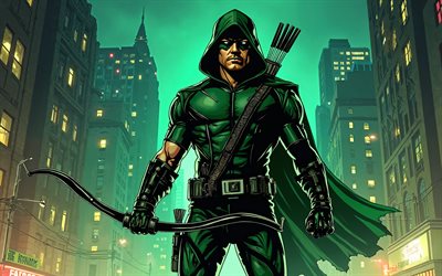 4k, flèche verte, art des bandes dessinées, super héros, bandes dessinées dc, nuit, fan art, green arrow 4k