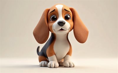 4k, netter 3d  basset hound, cartoon 3d basset hound, süße tiere, basset, 3d  tiere, cartoon 3d  tiere, lustiger basset hound, little basset hound, orangefarbener hintergrund