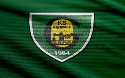 gks katowice fabric logo, 4k, sfondo in tessuto verde, ekstraklasa, bokeh, calcio, gks katowice logo, emblema di katowice gks, gks katowice, club di calcio polacco, katowice fc