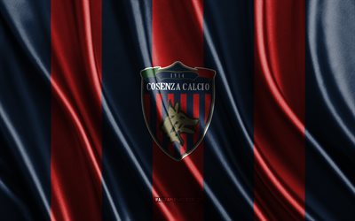 4k, logo cosenza calcie, serie b, consistenza della seta blu rosso, flag di calcio cosenza, club di calcio italiano, calcio, bandiera di seta, emblema del calcio cosenza, italia, badge calcio cosenza, calcio cosenza, cosenza
