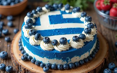 Greece flag painted on cake, 4k, Greece flag, baking, Greece, cake with berries, flag of Greece, cake with the Greek flag