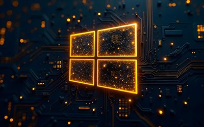 windows 10 yellow neon logo, 4k, schwarzer hi tech hintergrund, mikrocircuits, leiter, elektronikmarken, kreativ, windows 10  logo auf mikrocircuit, marken, windows 10 abstraktes logo, kunstwerk, windows 10 logo, windows 10