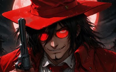 alucard, 4k, 리볼버, 지옥, 클로즈업, 빨간 달, 드라큘라 백작, 만화, 도라 쿠라, 밤, 지옥의 만화, alucard 캐릭터, alucard art, 지옥의 캐릭터, alucard hellsing