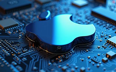 Apple 3d logo, 4k, blue motherboard, Apple emblem, blue Apple logo, blue technology background, Apple logo, Apple