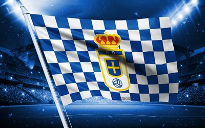 4k, Real Oviedo logo, Spanish football club, stadium flag, Real Oviedo fans flag, blue white flag, Real Oviedo emblem, Segunda, Spain, football, Real Oviedo