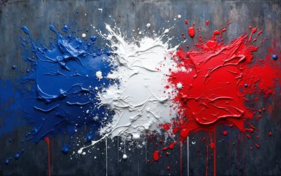 French flag, 4k, grunge background, French flag paint splashes, France flag, grunge art, France, flag of France
