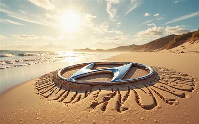 Hyundai steel logo, 4k, summer, Hyundai logo made of sand, beach, 3d Hyundai logo, sand, Hyundai emblem, Hyundai, Hyundai metal logo