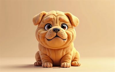 4k, süßer 3d shar pei, cartoon 3d shar pei, süße tiere, shar pei, 3d  tiere, cartoon 3d  tiere, lustiger shar pei, little shar pei, orangefarbener hintergrund, hunde