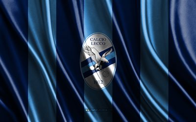 4k, Calcio Lecco logo, Serie B, blue white silk texture, Calcio Lecco flag, Italian football club, soccer, Lecco, silk flag, Calcio Lecco emblem, Italy, Calcio Lecco badge, Calcio Lecco