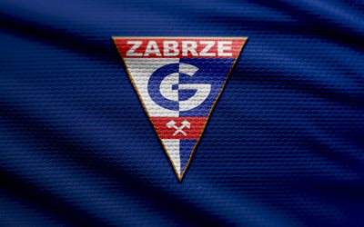 Gornik Zabrze fabric logo, 4k, blue fabric background, Ekstraklasa, bokeh, soccer, Gornik Zabrze logo, football, Gornik Zabrze emblem, Gornik Zabrze, polish football club, Gornik Zabrze FC