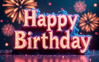 buon compleanno, 4k, fuochi d'artificio 3d, buon compleanno in 3d glitter iscrizione, buon compleanno auguri, concetti di buon compleanno, background di compleanno con fuochi d'artificio