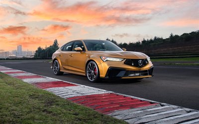 Acura Integra Type S, 4k, raceway, 2025 cars, sunset, Golden Acura Integra, 2025 Acura Integra, japanese cars, Acura