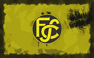FC Schaffhausen grunge logo, 4k, Challenge League, yellow grunge background, soccer, FC Schaffhausen emblem, football, FC Schaffhausen logo, FC Schaffhausen, Swiss football club, Schaffhausen FC