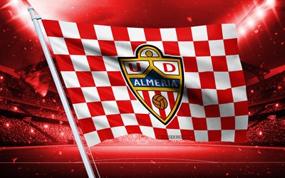 4k, UD Almeria logo, Spanish football club, stadium flag, UD Almeria fans flag, red white flag, UD Almeria emblem, Segunda, Spain, football, UD Almeria