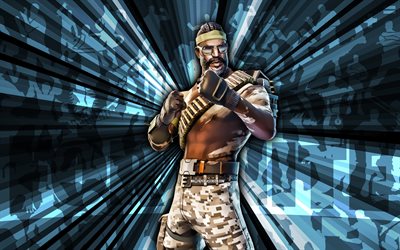 4k, bandolera, fondo de rayos azules, piel más bandolera, bandolier fortnite, arte abstracto, piel fortnite bandolier, personajes de fortnite, fortnita, arte creativo
