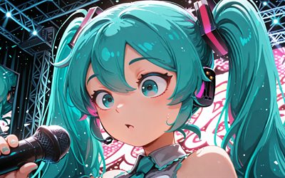 4k, Hatsune Miku, concert, CV01, close-up, microphone, Vocaloid, turquoise hair, Vocaloid characters, Hatsune Miku Vocaloid